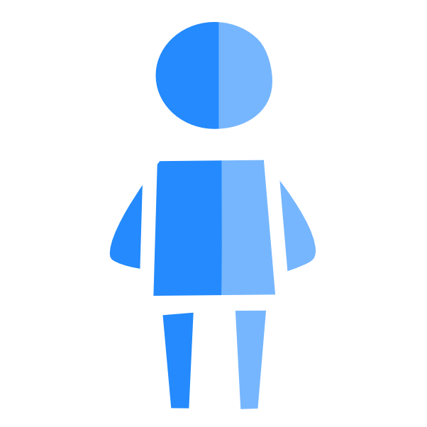 a simplified figure of a short cyan person that has a square body with the right half being a lighter cyan. The image has white line art